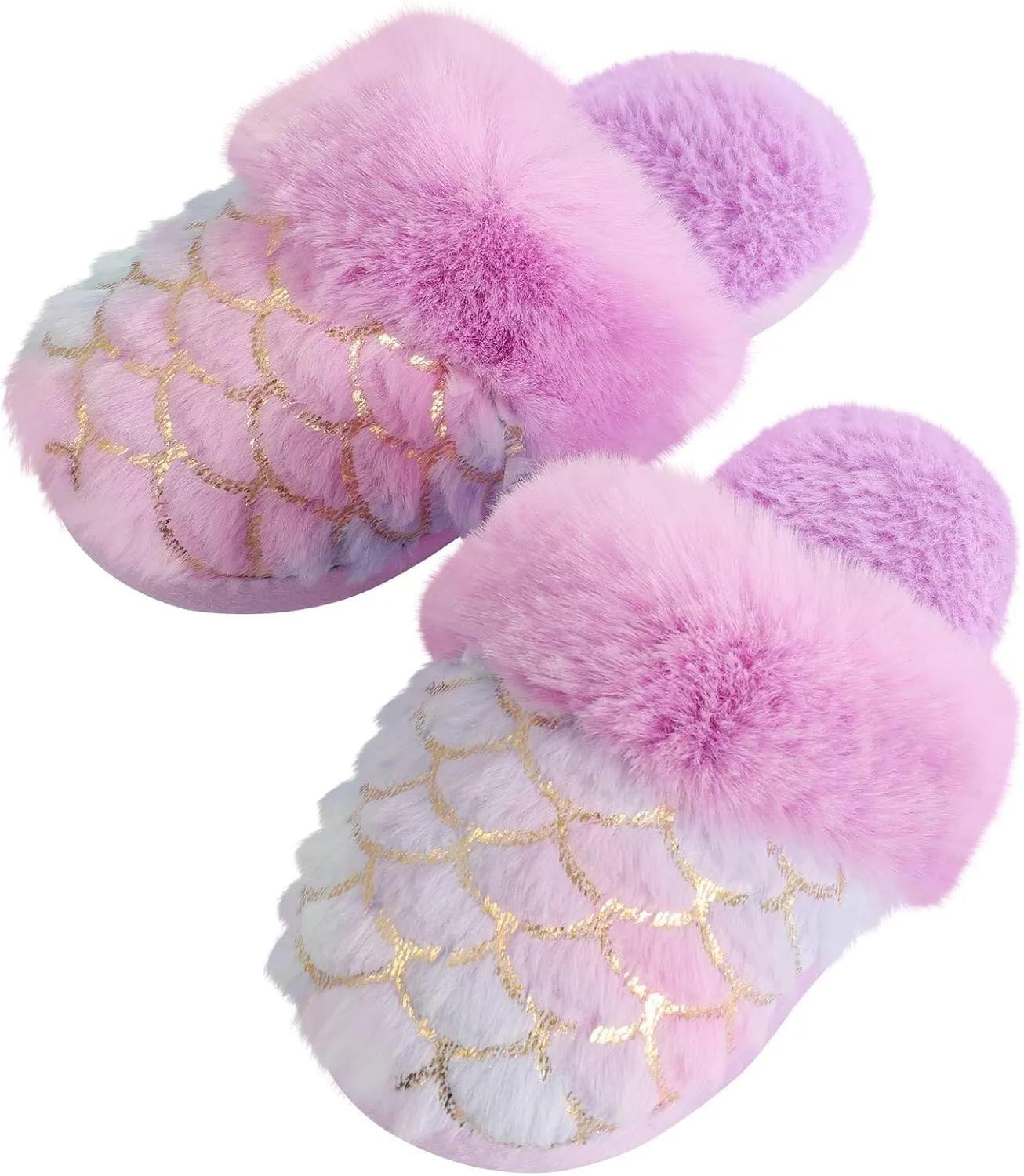 Girls Plush House Slippers Fluffy Multicolor Mermaid Slippers, Cute Faux Fur Slip-on Shoes Memory Foam House Slipper