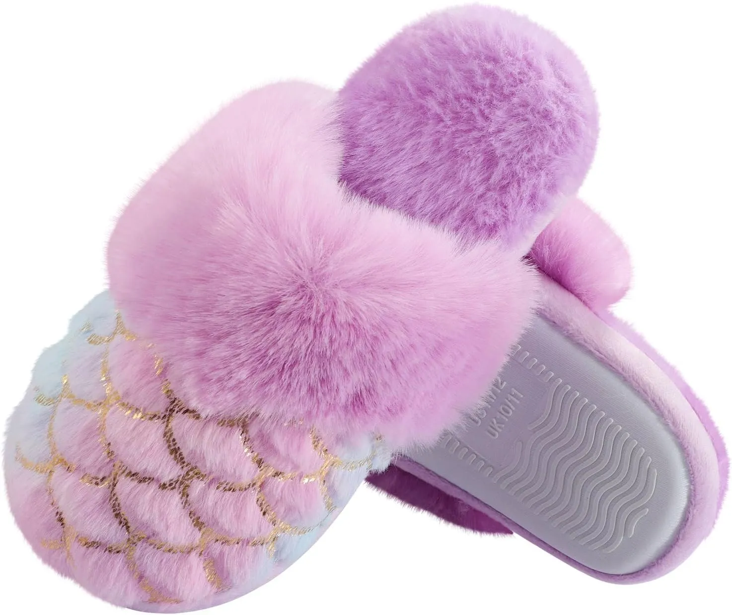 Girls Plush House Slippers Fluffy Multicolor Mermaid Slippers, Cute Faux Fur Slip-on Shoes Memory Foam House Slipper