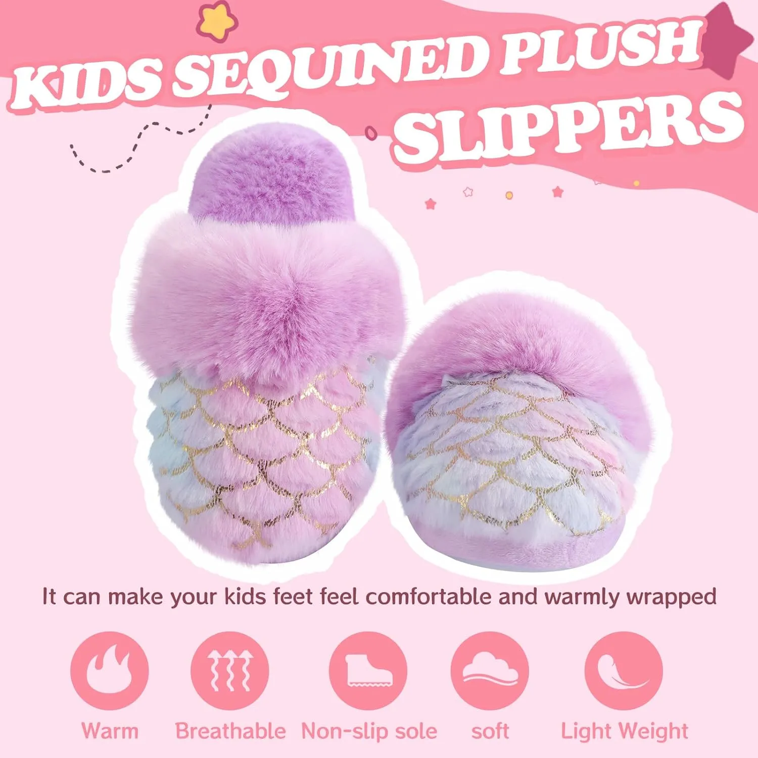 Girls Plush House Slippers Fluffy Multicolor Mermaid Slippers, Cute Faux Fur Slip-on Shoes Memory Foam House Slipper