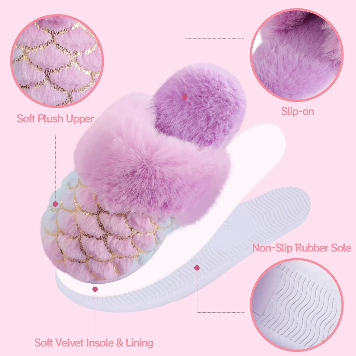 Girls Plush House Slippers Fluffy Multicolor Mermaid Slippers, Cute Faux Fur Slip-on Shoes Memory Foam House Slipper