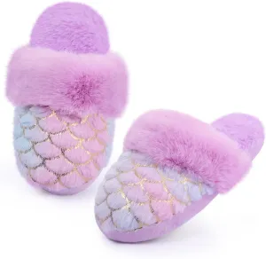 Girls Plush House Slippers Fluffy Multicolor Mermaid Slippers, Cute Faux Fur Slip-on Shoes Memory Foam House Slipper