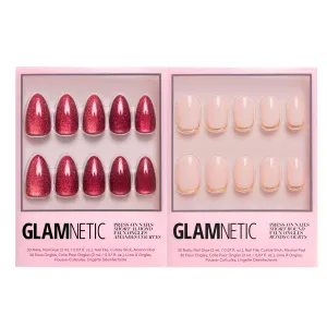 Glamnetic Press-On Nails Bundle - Ruby Slipper & Goal Digger | Deep Red Sparkly Short Almond Fake Nails with a Velvet Finish | Natural Short Round False Nails with Gold Foil | Reusable, Salon-Quality
