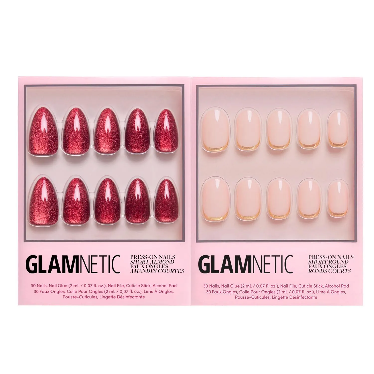 Glamnetic Press-On Nails Bundle - Ruby Slipper & Goal Digger | Deep Red Sparkly Short Almond Fake Nails with a Velvet Finish | Natural Short Round False Nails with Gold Foil | Reusable, Salon-Quality