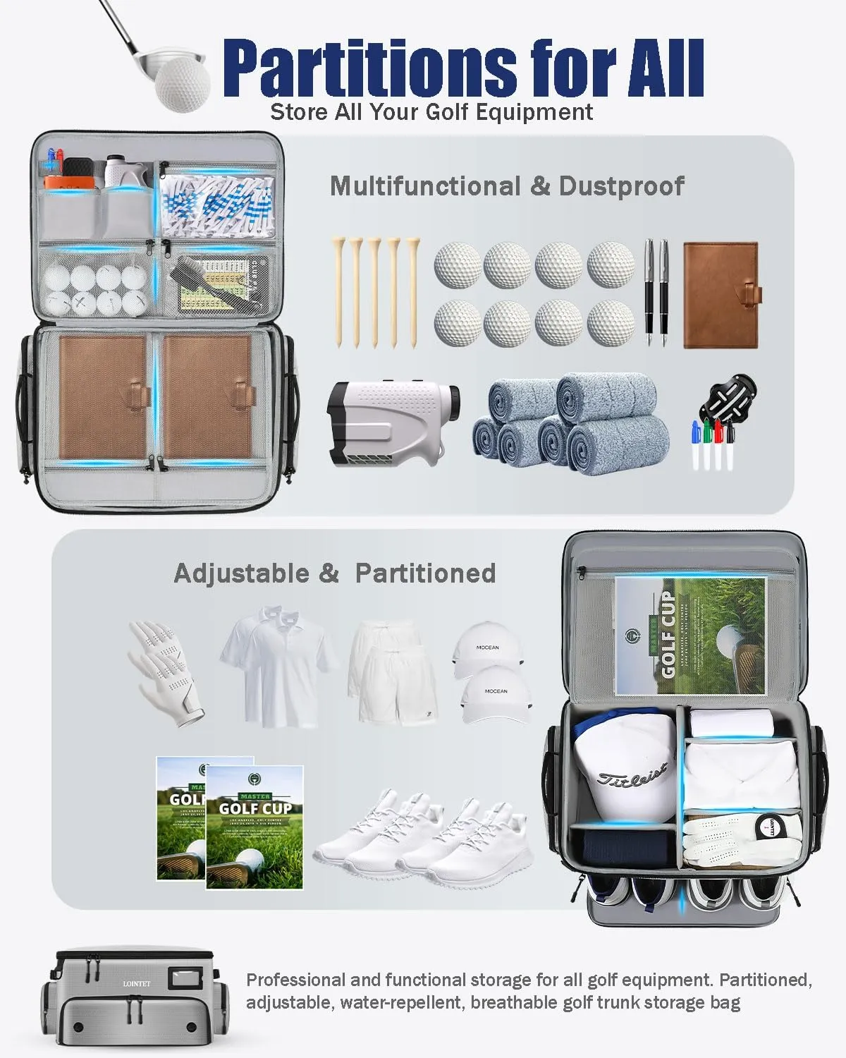 Golf Trunk Organizer, Waterproof Car Golf Locker with Separate Ventilated Compartment for 2 Pair Shoes, Golf Storage for Balls, Tees, Cap, Clothes, Gloves, Accessories, Gifts for Men, Women