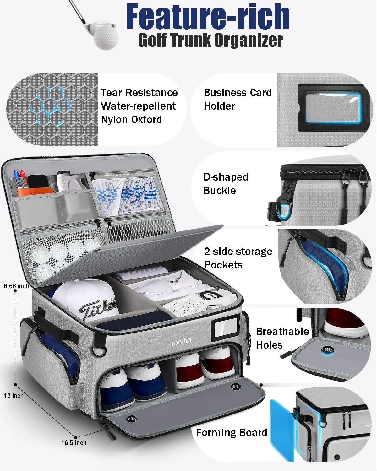 Golf Trunk Organizer, Waterproof Car Golf Locker with Separate Ventilated Compartment for 2 Pair Shoes, Golf Storage for Balls, Tees, Cap, Clothes, Gloves, Accessories, Gifts for Men, Women