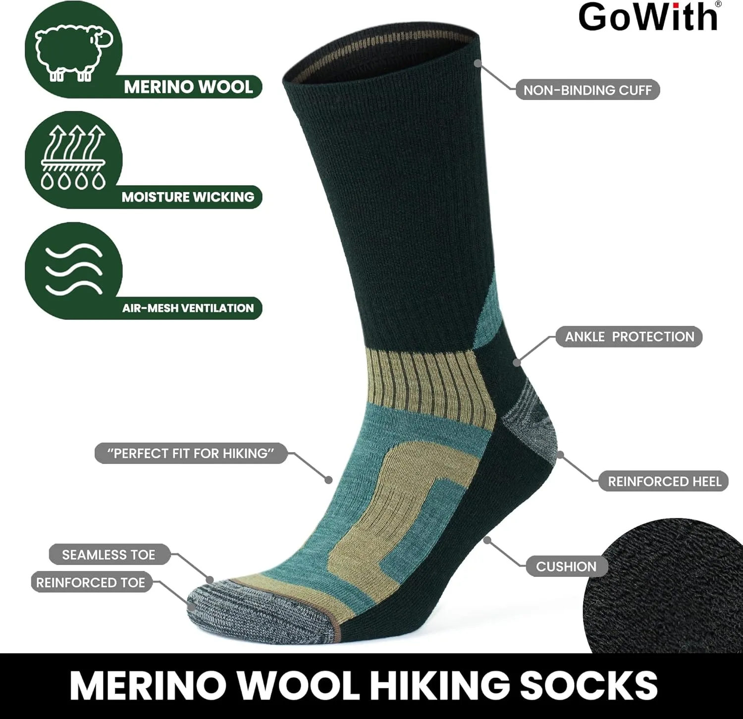 GoWith Merino Wool Lightweight Hiking Socks for Men & Women, Sole Cushioned Seamless Thermal Outdoor Boot Crew Socks