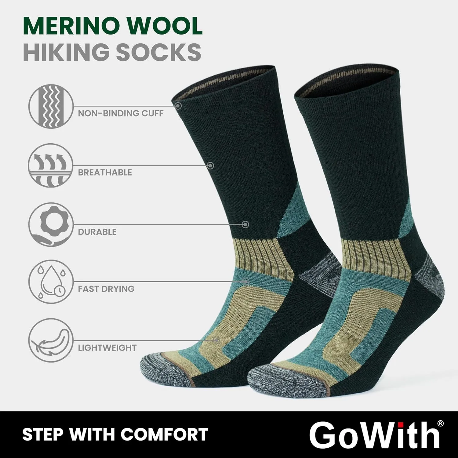 GoWith Merino Wool Lightweight Hiking Socks for Men & Women, Sole Cushioned Seamless Thermal Outdoor Boot Crew Socks