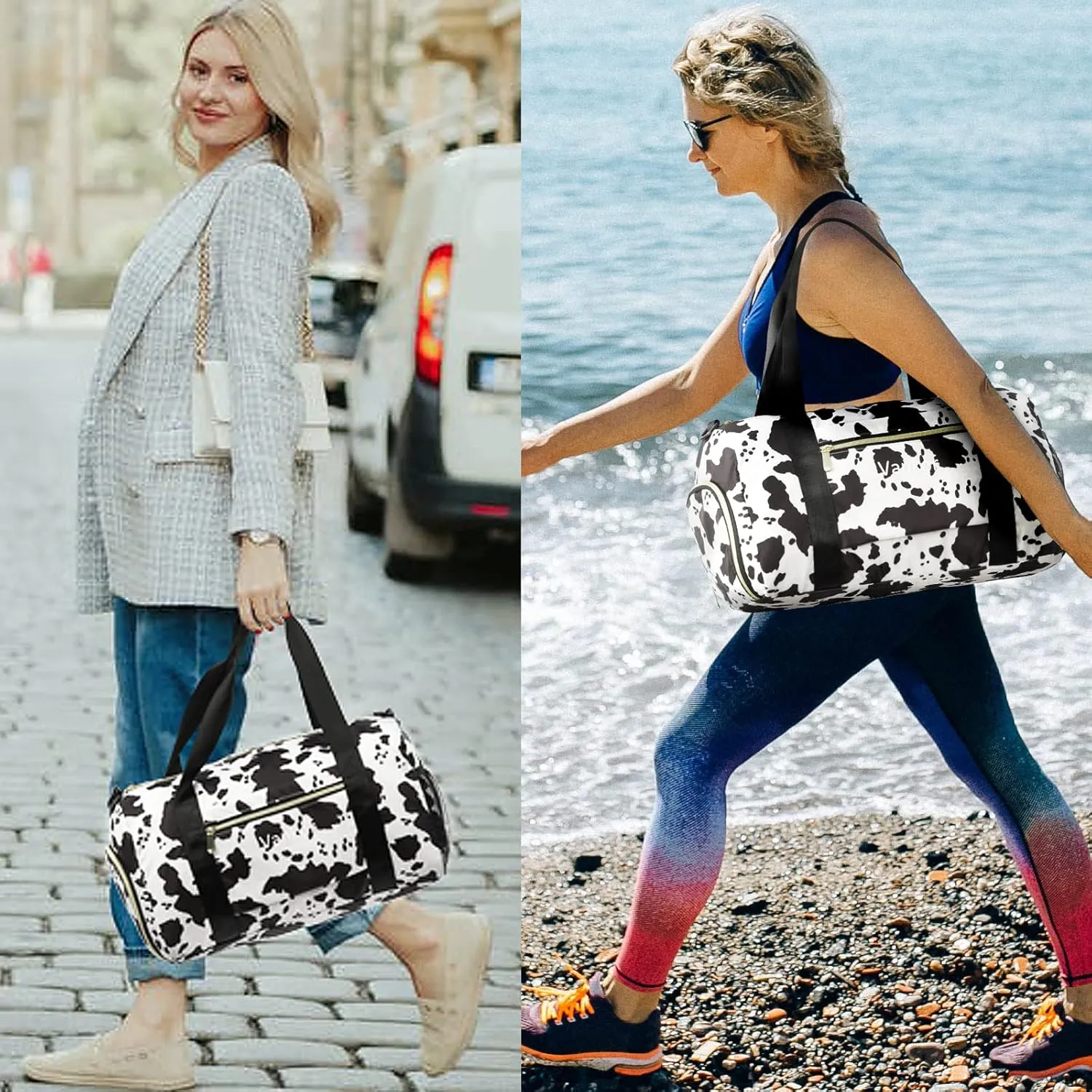Gym Bag for Women with Shoe Compartment, Waterproof Sports Duffle Bag, Medium-17.5 Inch, Cow Print
