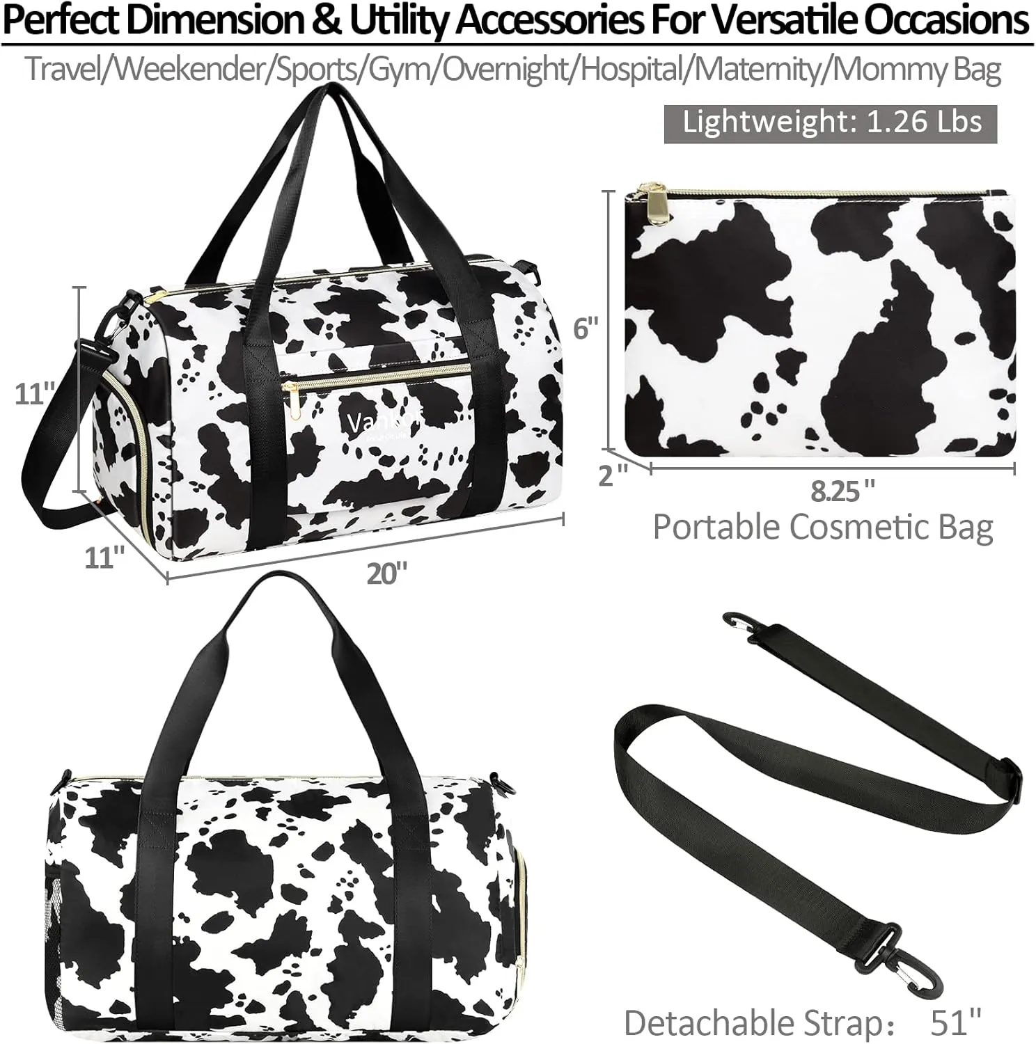 Gym Bag for Women with Shoe Compartment, Waterproof Sports Duffle Bag, Medium-17.5 Inch, Cow Print