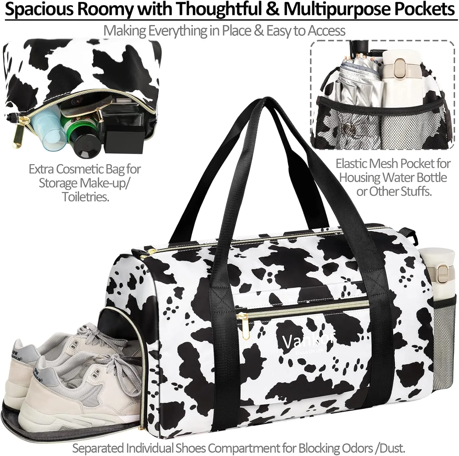 Gym Bag for Women with Shoe Compartment, Waterproof Sports Duffle Bag, Medium-17.5 Inch, Cow Print