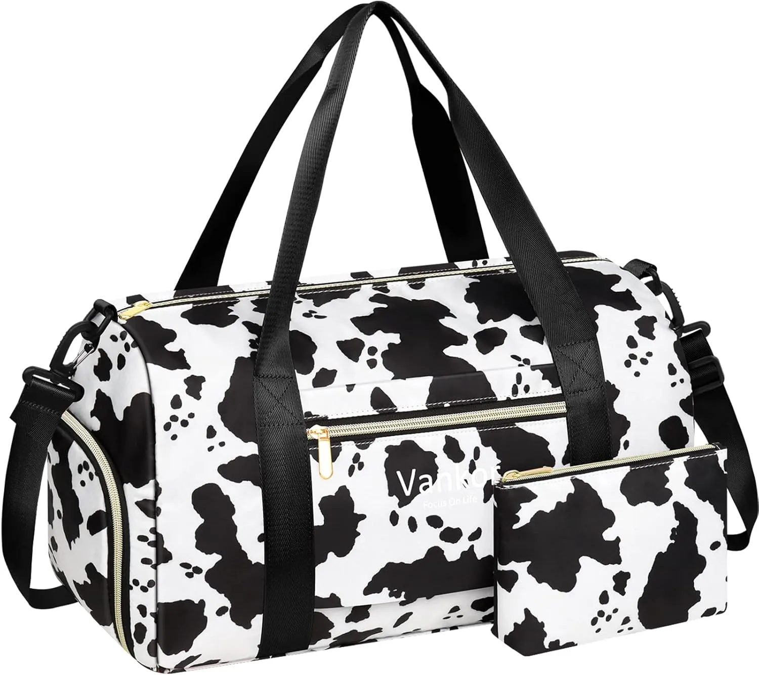Gym Bag for Women with Shoe Compartment, Waterproof Sports Duffle Bag, Medium-17.5 Inch, Cow Print