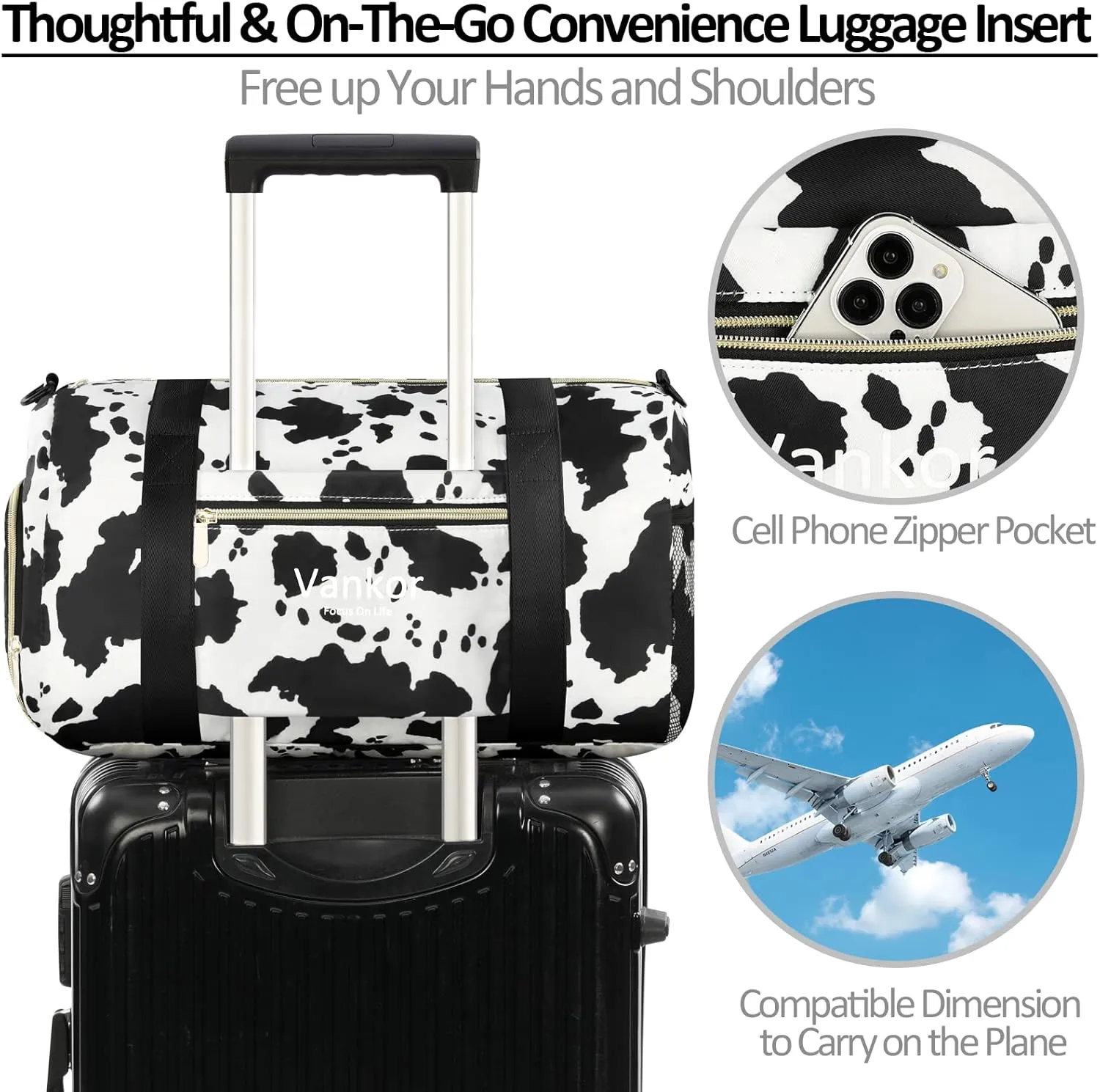Gym Bag for Women with Shoe Compartment, Waterproof Sports Duffle Bag, Medium-17.5 Inch, Cow Print