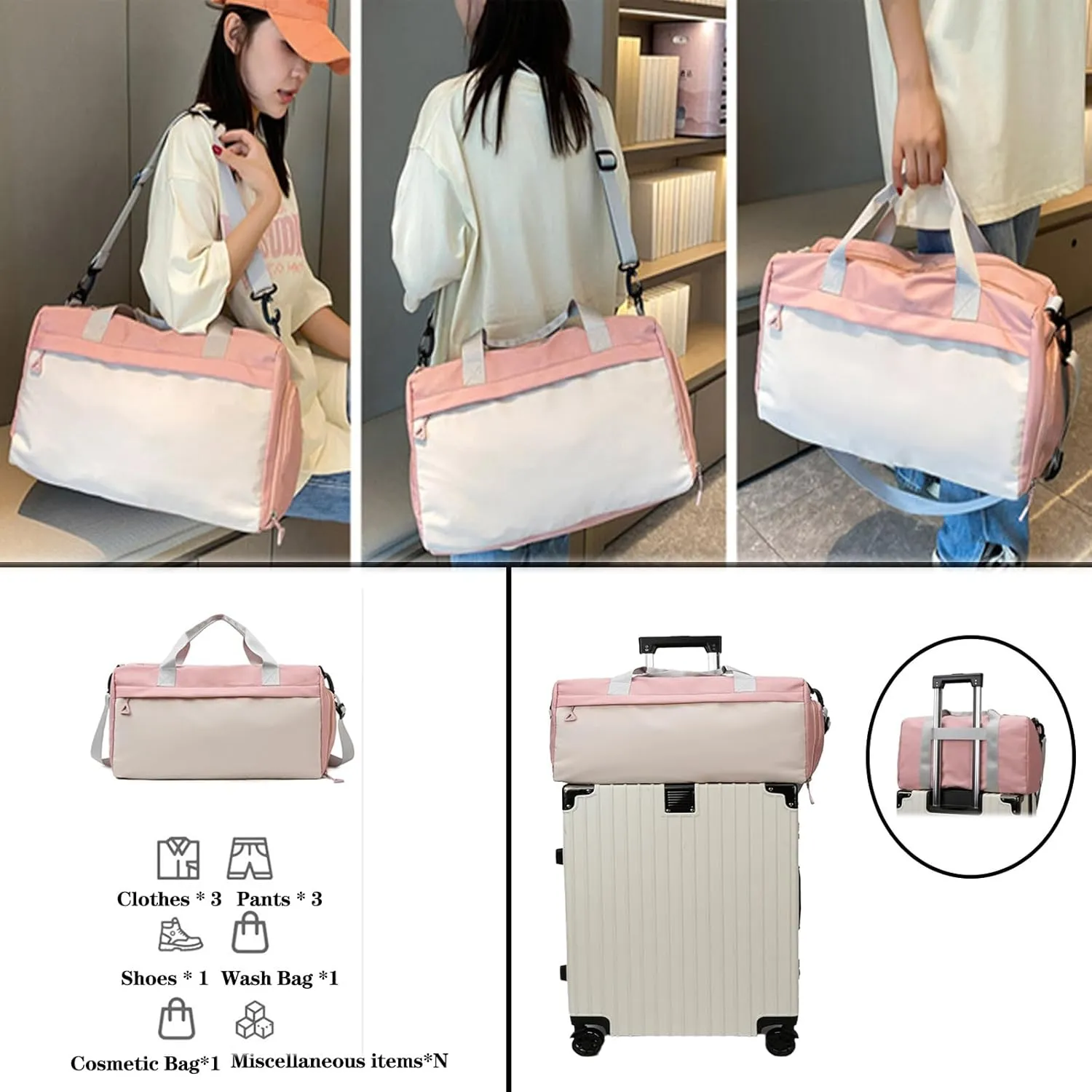 Gym Bag for Women,Duffle Bag for Travel,40L Carry On Weekender Bags with Shoe Compartment,Sports Bags for Yoga & Dance with Wet Pocket