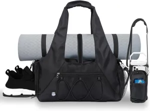 Gym Bag for Womens,Black Travel Duffel Bag with Shoes Compartment and Wet Pocket Water Bottle Carrier Bag Multi-Functional Bags Ideal for Travel, Gym, Sports, Weekender