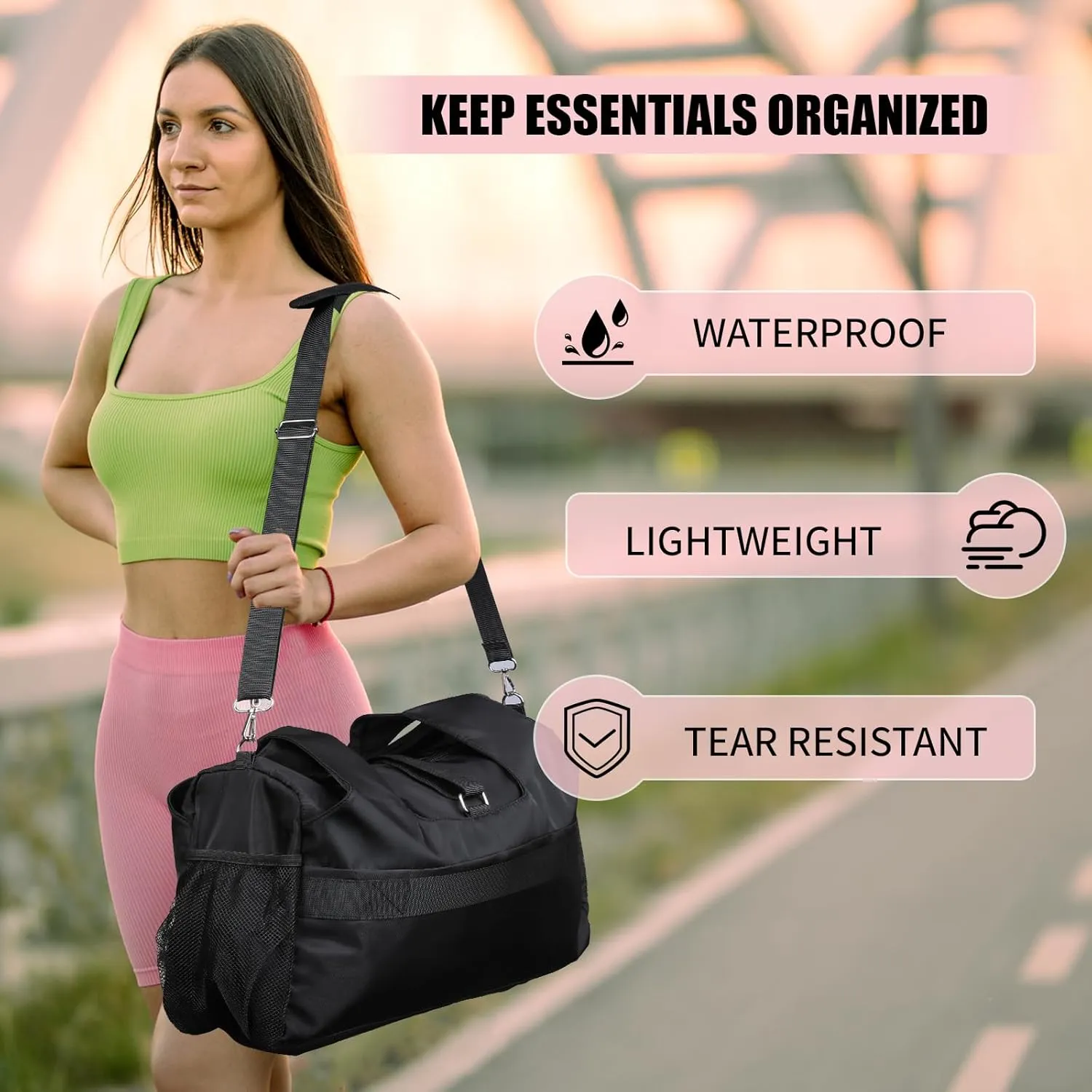 Gym Bag for Womens,Black Travel Duffel Bag with Shoes Compartment and Wet Pocket Water Bottle Carrier Bag Multi-Functional Bags Ideal for Travel, Gym, Sports, Weekender