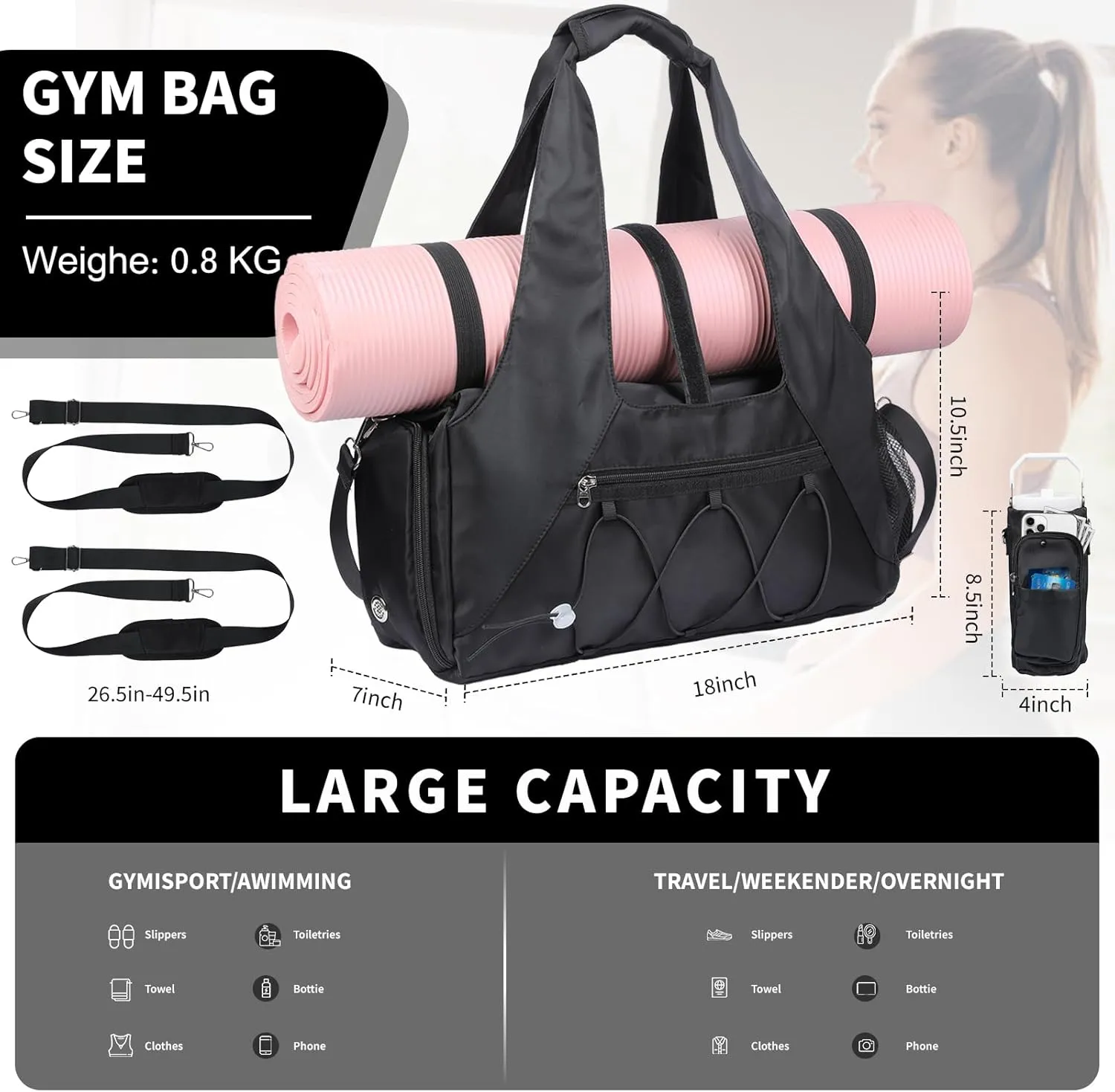 Gym Bag for Womens,Black Travel Duffel Bag with Shoes Compartment and Wet Pocket Water Bottle Carrier Bag Multi-Functional Bags Ideal for Travel, Gym, Sports, Weekender