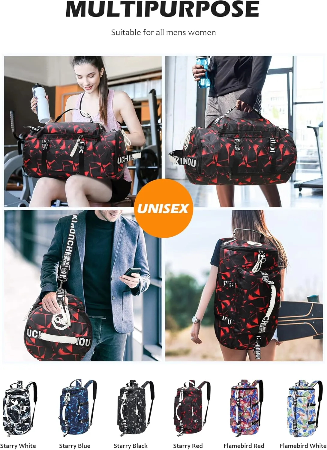 Gym Sport Bag Backpack Duffle Bag Weekender Bag Waterproof Travel Sling Bag Casual Daypack for Men and Women