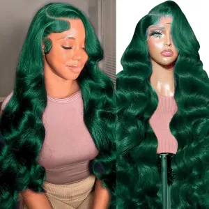 haha Green 13x6 Lace Front Wig Human Hair Emerald Green Body Wave Transparent HD Lace Frontal Wig Pre Plucked Dark Green Human Hair Wigs For Women Colored 180% Density 22 Inch