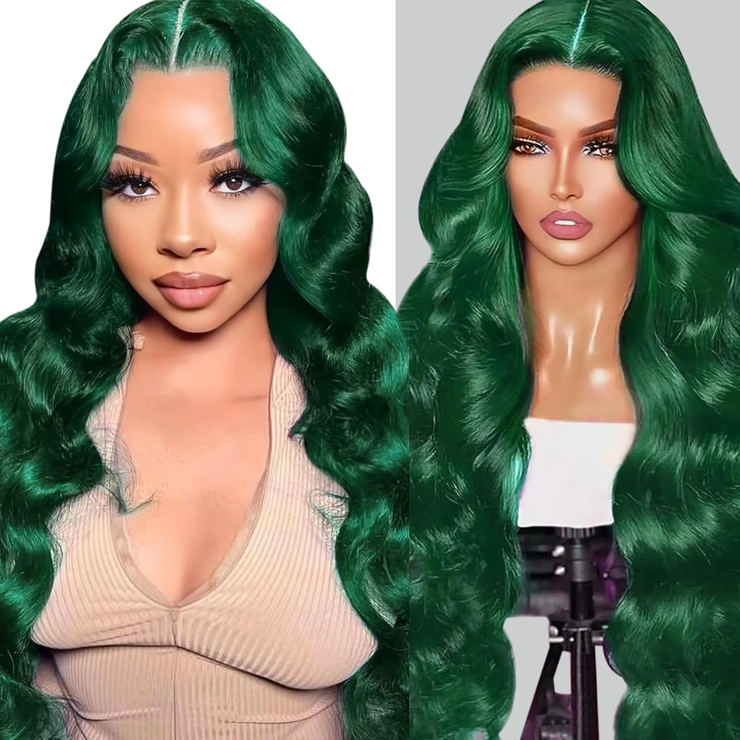 haha Green 13x6 Lace Front Wig Human Hair Emerald Green Body Wave Transparent HD Lace Frontal Wig Pre Plucked Dark Green Human Hair Wigs For Women Colored 180% Density 22 Inch