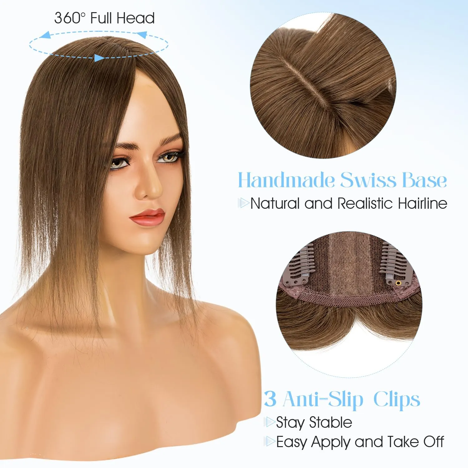 Hair Topper for Women - 8x10cm Real Human Remy Hair Piece to Cover Grey or Thinning Hair - 10 Inch, Medium Brown