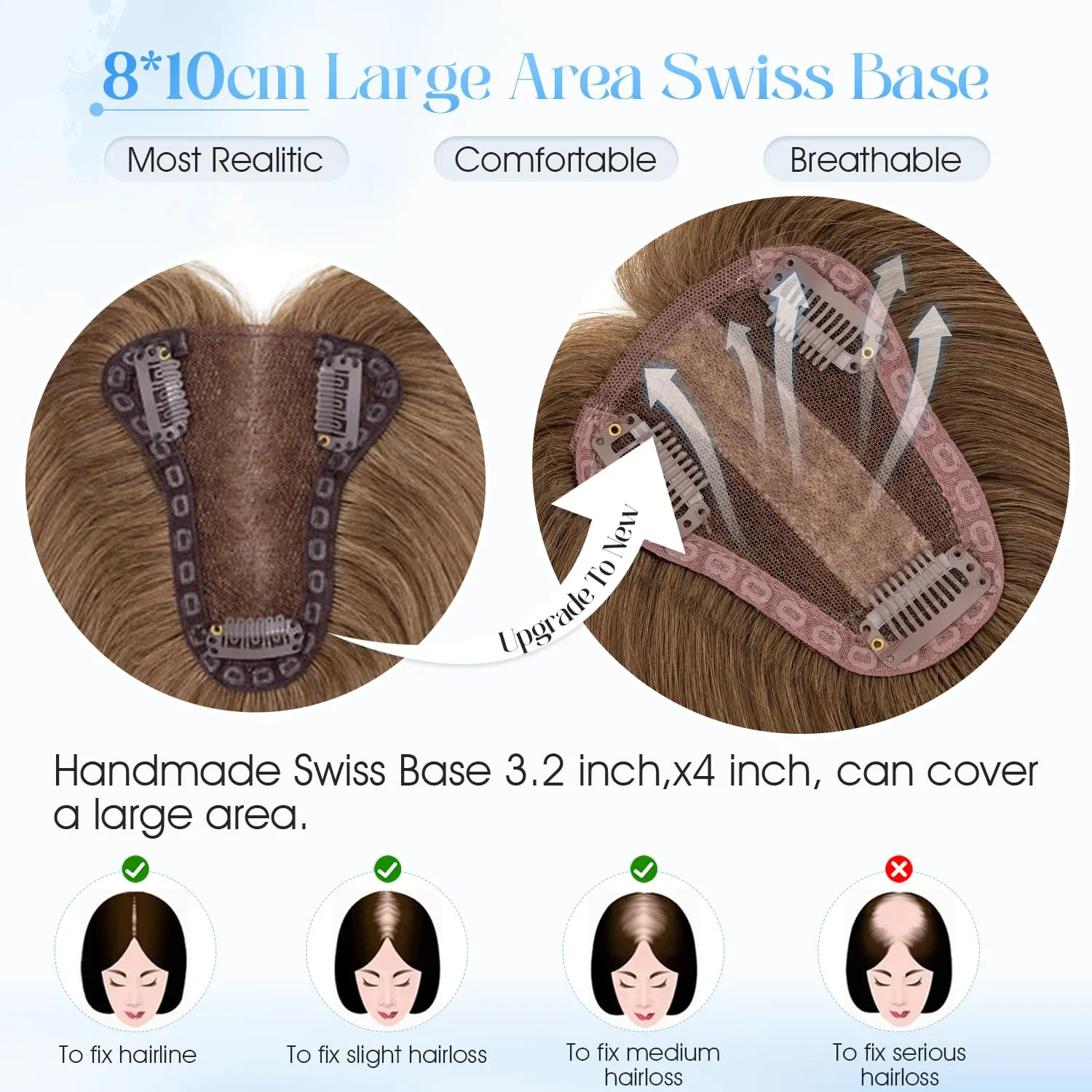 Hair Topper for Women - 8x10cm Real Human Remy Hair Piece to Cover Grey or Thinning Hair - 10 Inch, Medium Brown