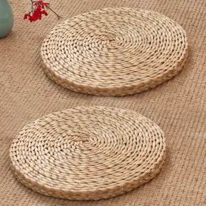 Handcrafted Eco-Friendly Breathable Padded Knitted Straw Flat Seat Cushion/Straw futon Cushion (Flat seat Cushion 40cm(15.75in) 2pcs)