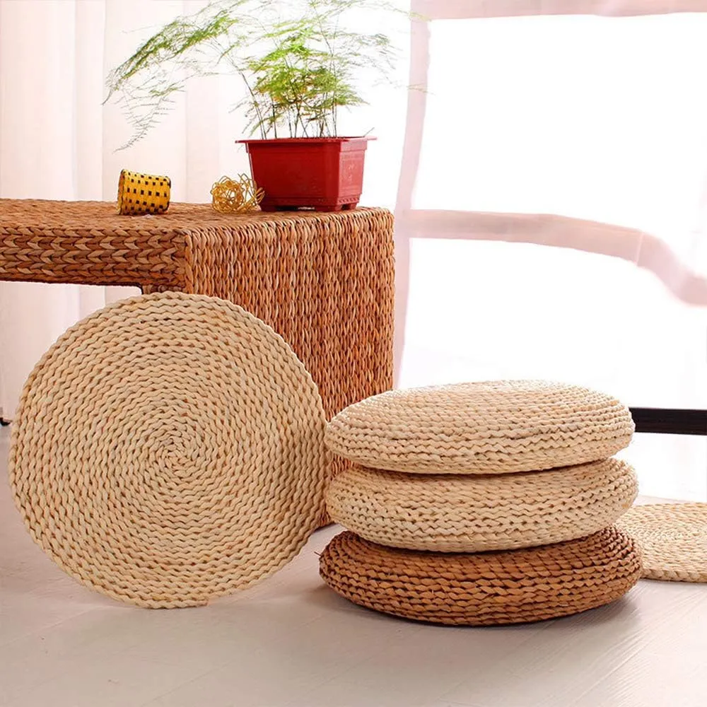 Handcrafted Eco-Friendly Breathable Padded Knitted Straw Flat Seat Cushion/Straw futon Cushion (Round Silk Wadding Filling 45cm(17.72in) 2 pcs)