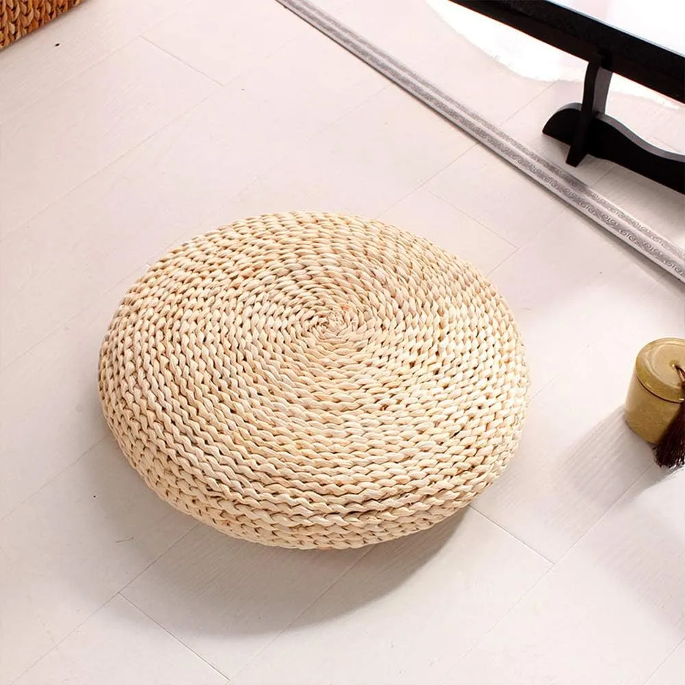 Handcrafted Eco-Friendly Breathable Padded Knitted Straw Flat Seat Cushion/Straw futon Cushion (Round Silk Wadding Filling 45cm(17.72in) 2 pcs)