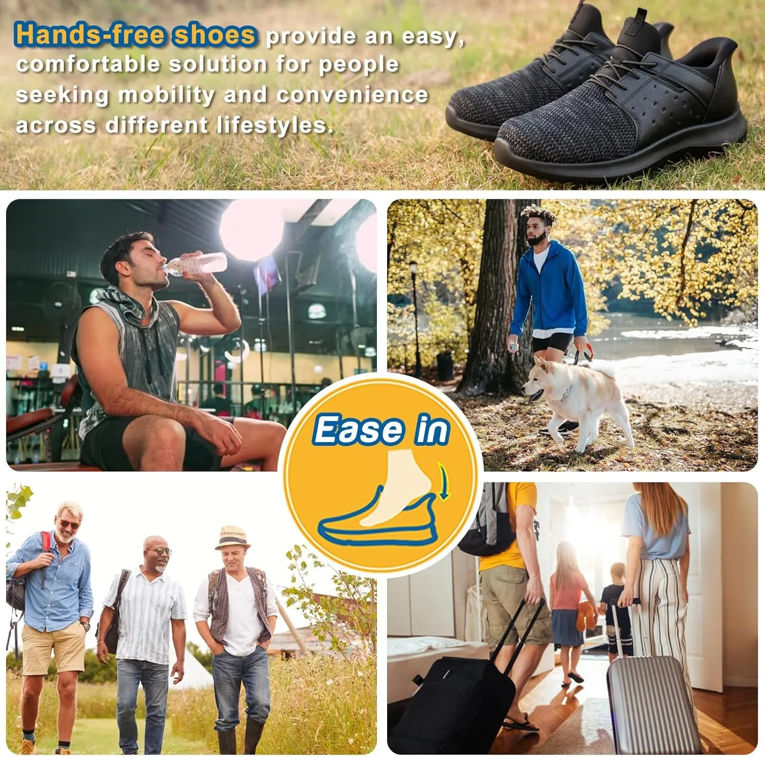 Hands Free Slip On Shoes for Men Walking Casual Sneaker Arch Support Memory Foam Mesh Light Cushioning Fashion Breathable Stylish Black White Tan Grey