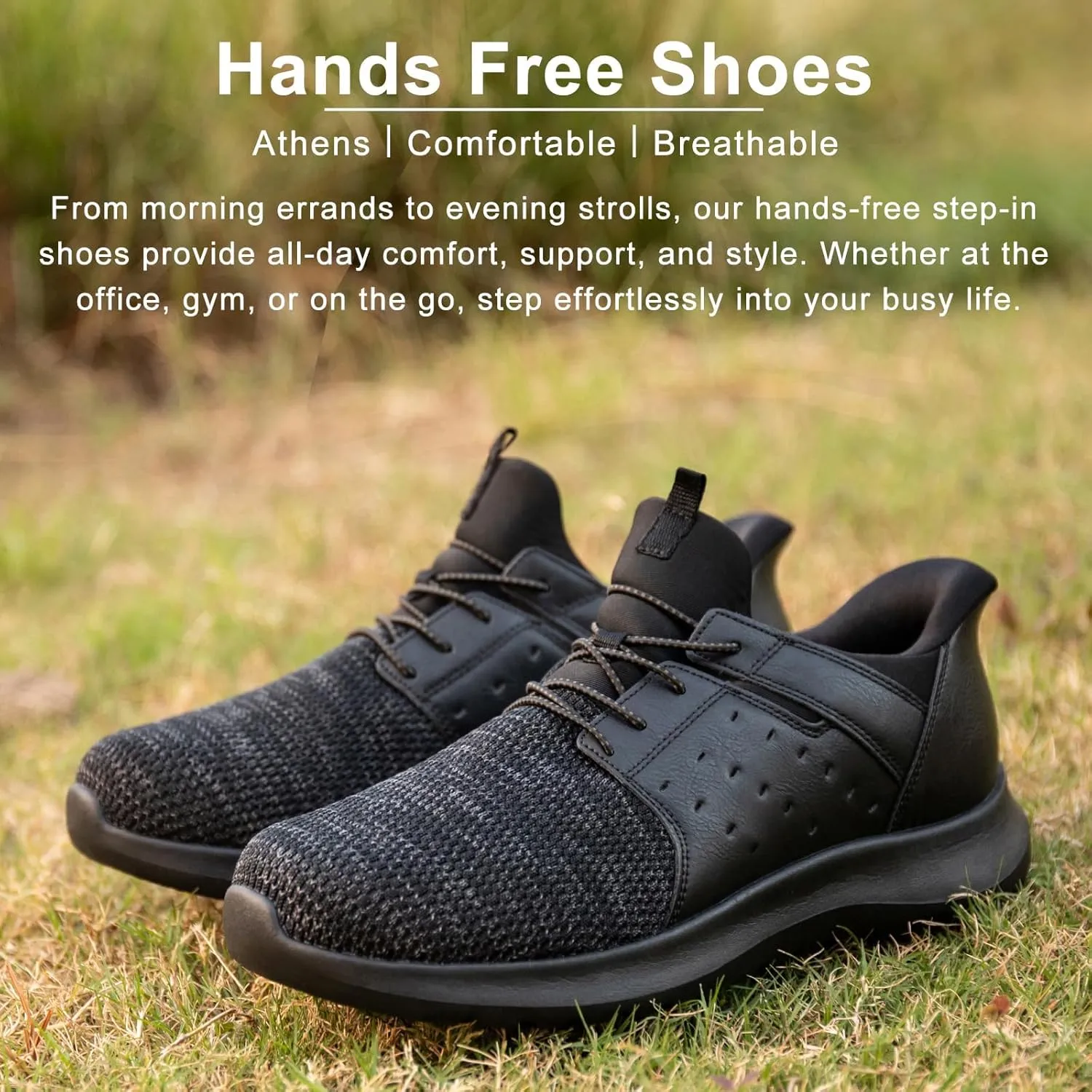 Hands Free Slip On Shoes for Men Walking Casual Sneaker Arch Support Memory Foam Mesh Light Cushioning Fashion Breathable Stylish Black White Tan Grey