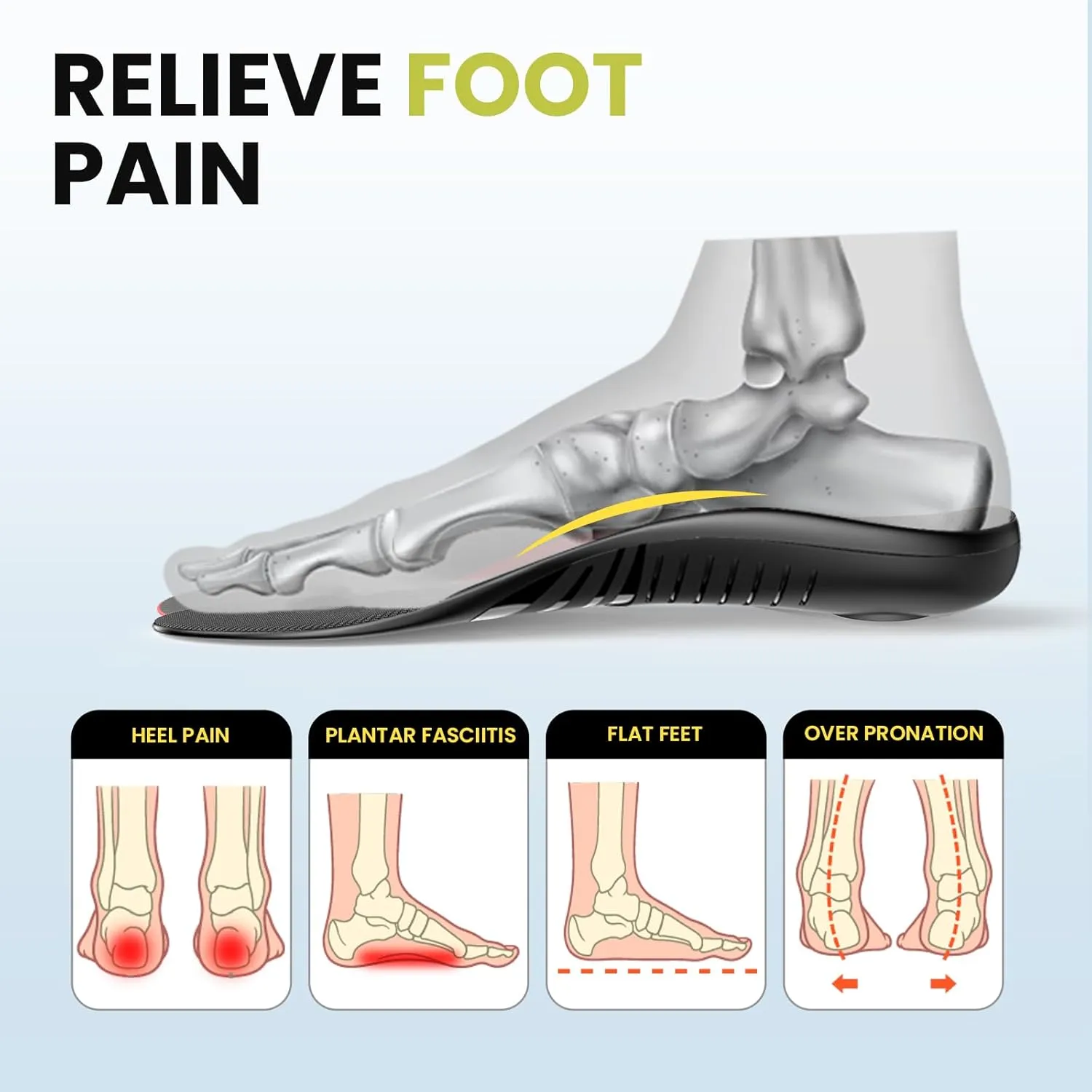 Heavy Duty Arch Support Insoles - Welnove 220  lbs Plantar Fasciitis Insoles with High Arch Support Orthotic Inserts for Flat Feet Standing All Day Work Boot Insoles for Women's 8-9.5 & Men's 6-7.5