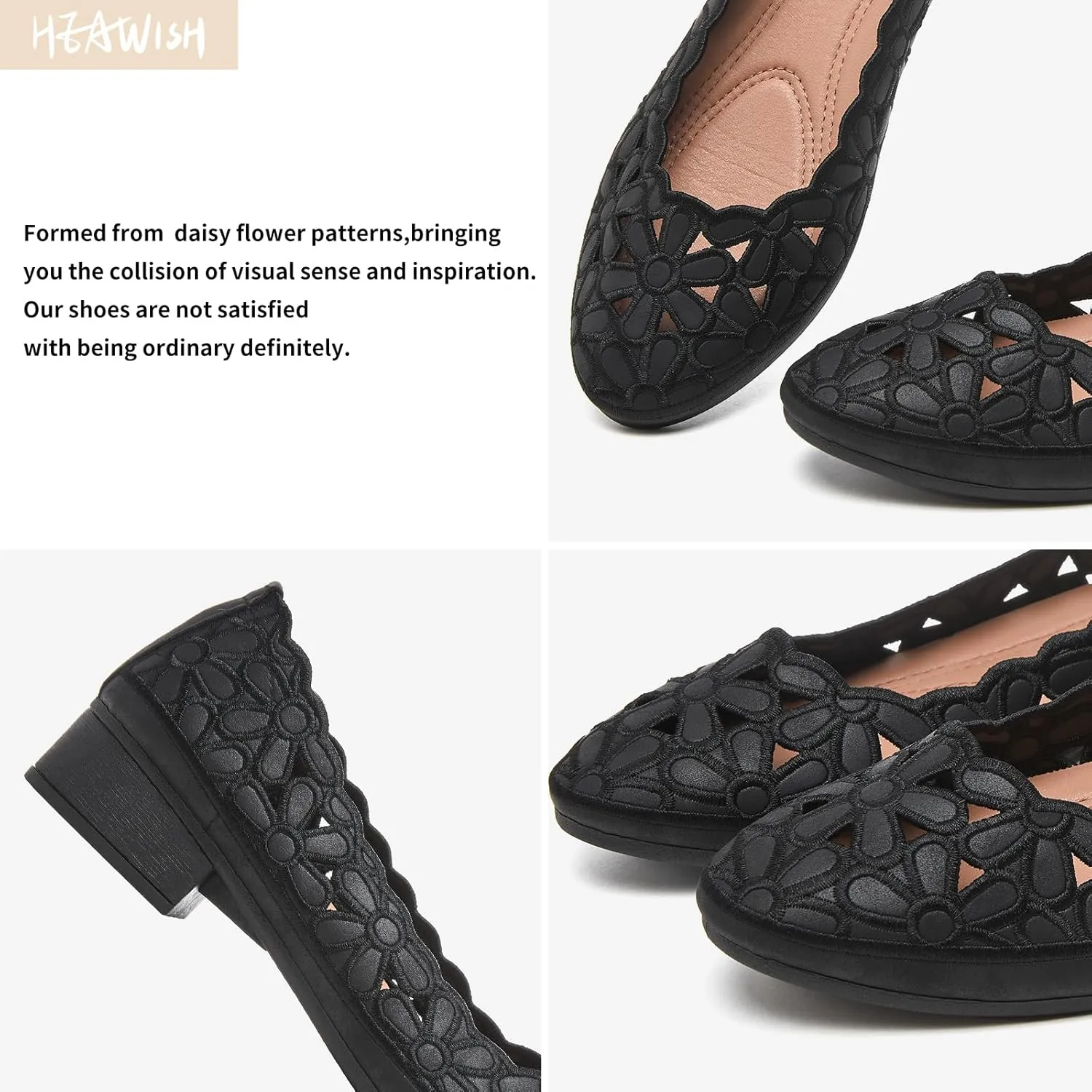 HEAWISH Women's Black Loafers Floral Ballet Flats Shoes,Pu Leather Dress Shoes with Heel Comfortable Slip on Loafer