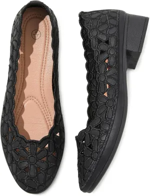HEAWISH Women's Black Loafers Floral Ballet Flats Shoes,Pu Leather Dress Shoes with Heel Comfortable Slip on Loafer