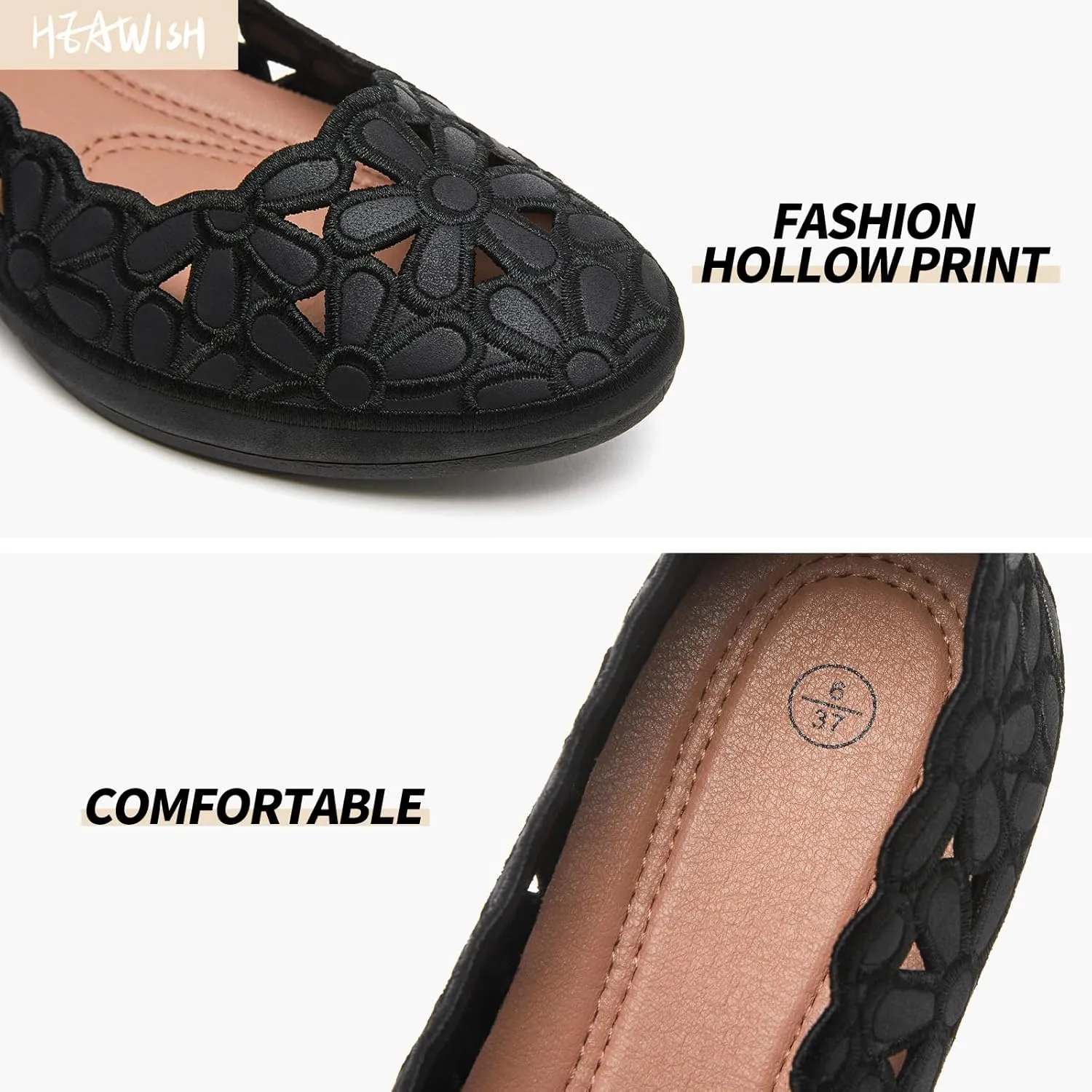 HEAWISH Women's Black Loafers Floral Ballet Flats Shoes,Pu Leather Dress Shoes with Heel Comfortable Slip on Loafer