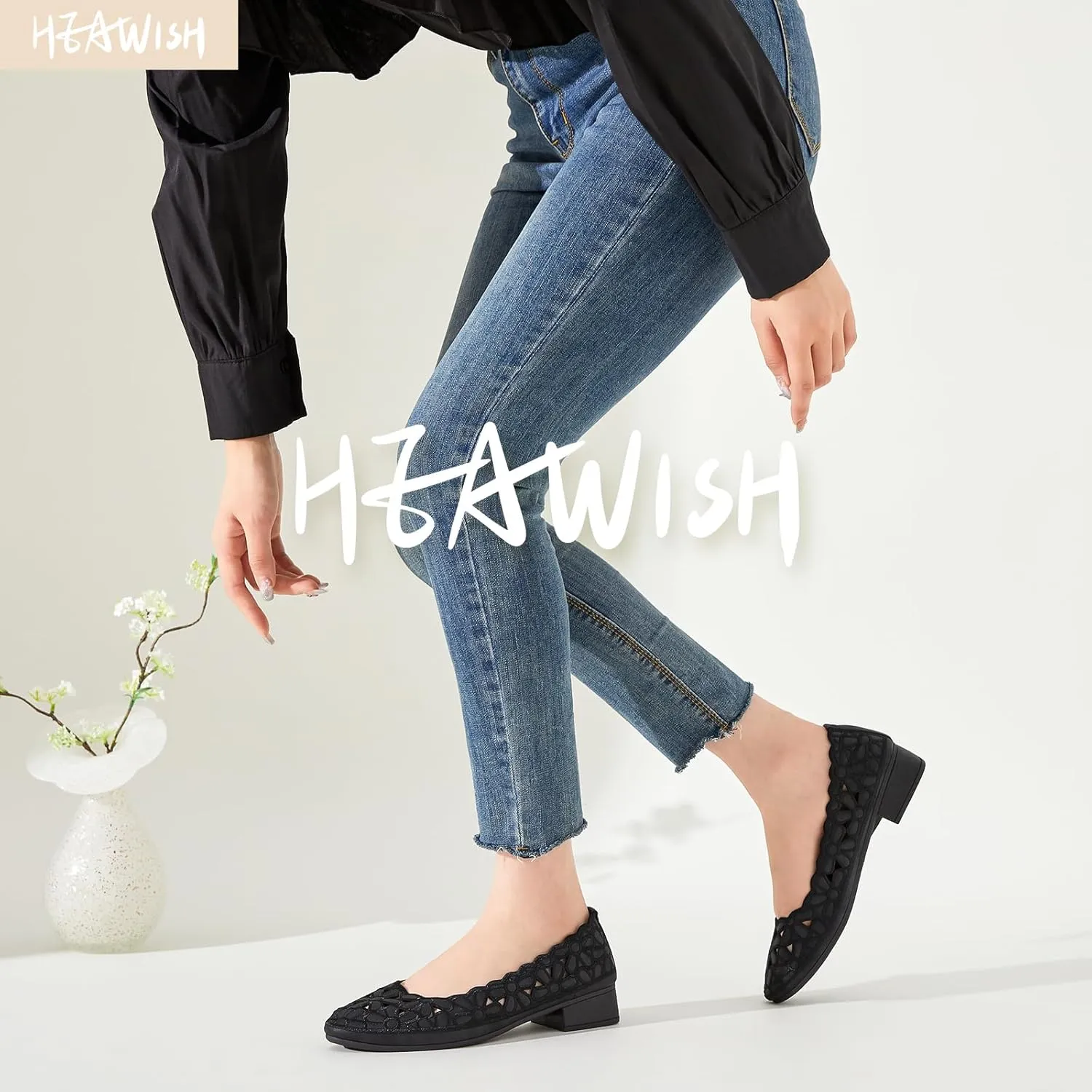 HEAWISH Women's Black Loafers Floral Ballet Flats Shoes,Pu Leather Dress Shoes with Heel Comfortable Slip on Loafer