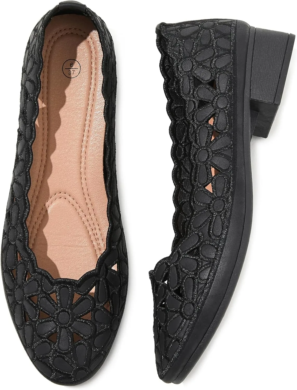 HEAWISH Women's Black Loafers Floral Ballet Flats Shoes,Pu Leather Dress Shoes with Heel Comfortable Slip on Loafer