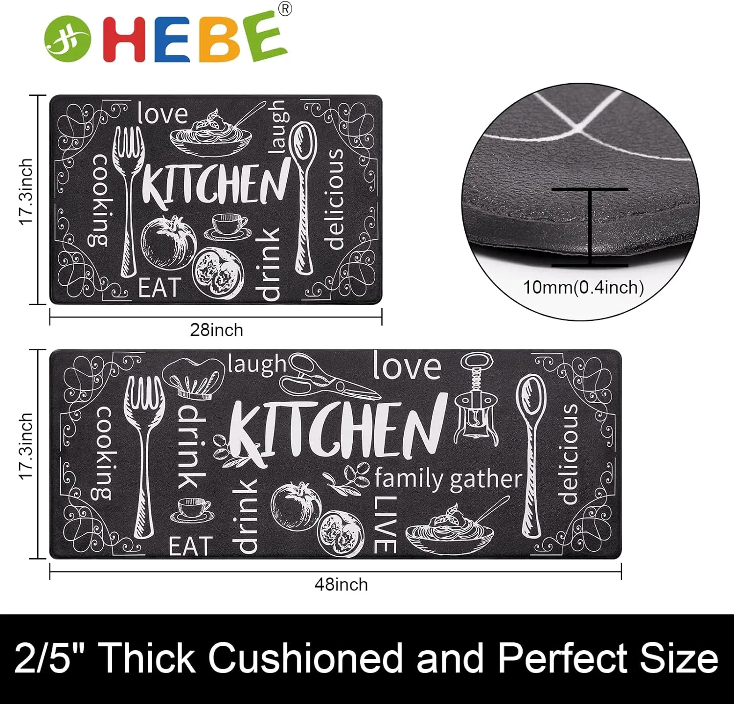 HEBE Anti Fatigue Kitchen Rug Set of 2 Non Slip Cushioned Kitchen Mats for Floor Waterproof Comfort Kitchen Rugs and Mats Farmhouse Chef Mats Floor Carpet for Sink,Laundry Room