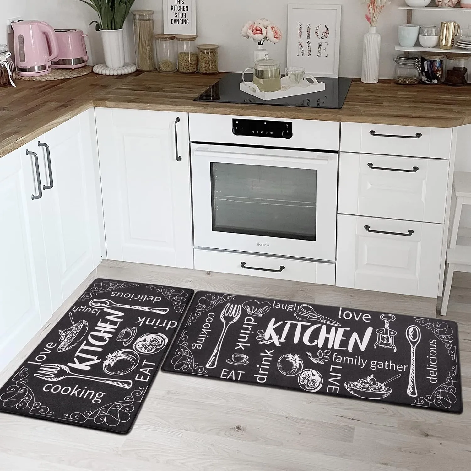 HEBE Anti Fatigue Kitchen Rug Set of 2 Non Slip Cushioned Kitchen Mats for Floor Waterproof Comfort Kitchen Rugs and Mats Farmhouse Chef Mats Floor Carpet for Sink,Laundry Room