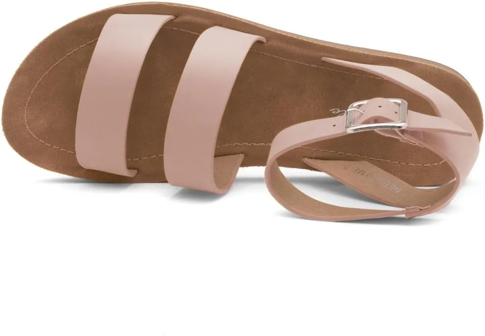 Herstyle Needed Me Women's Flat Sandals, Open Toe Two Bands with Ankle Strap and Buckle, Lightweight Sandals with Cushioned Footbed for Summer Walking and Daily Wear