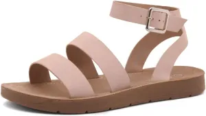 Herstyle Needed Me Women's Flat Sandals, Open Toe Two Bands with Ankle Strap and Buckle, Lightweight Sandals with Cushioned Footbed for Summer Walking and Daily Wear