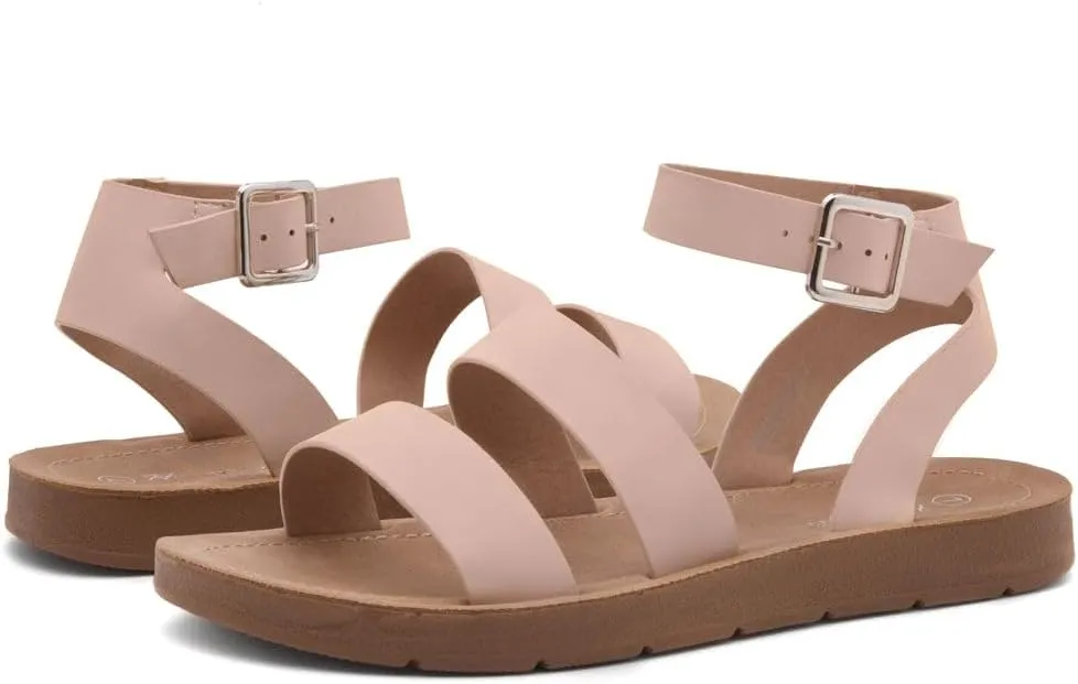 Herstyle Needed Me Women's Flat Sandals, Open Toe Two Bands with Ankle Strap and Buckle, Lightweight Sandals with Cushioned Footbed for Summer Walking and Daily Wear