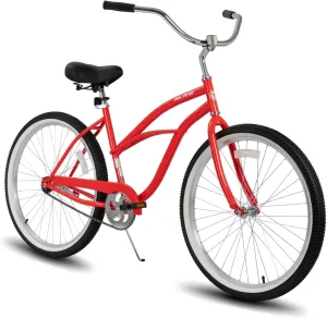 Hiland Beach Cruiser Bike for Adults, 26 inch Step-Through Frame Womens Bicycle, Single Speed City Bike Commuter Bicycle for Women, Rear Coaster Brakes, Black Blue Red