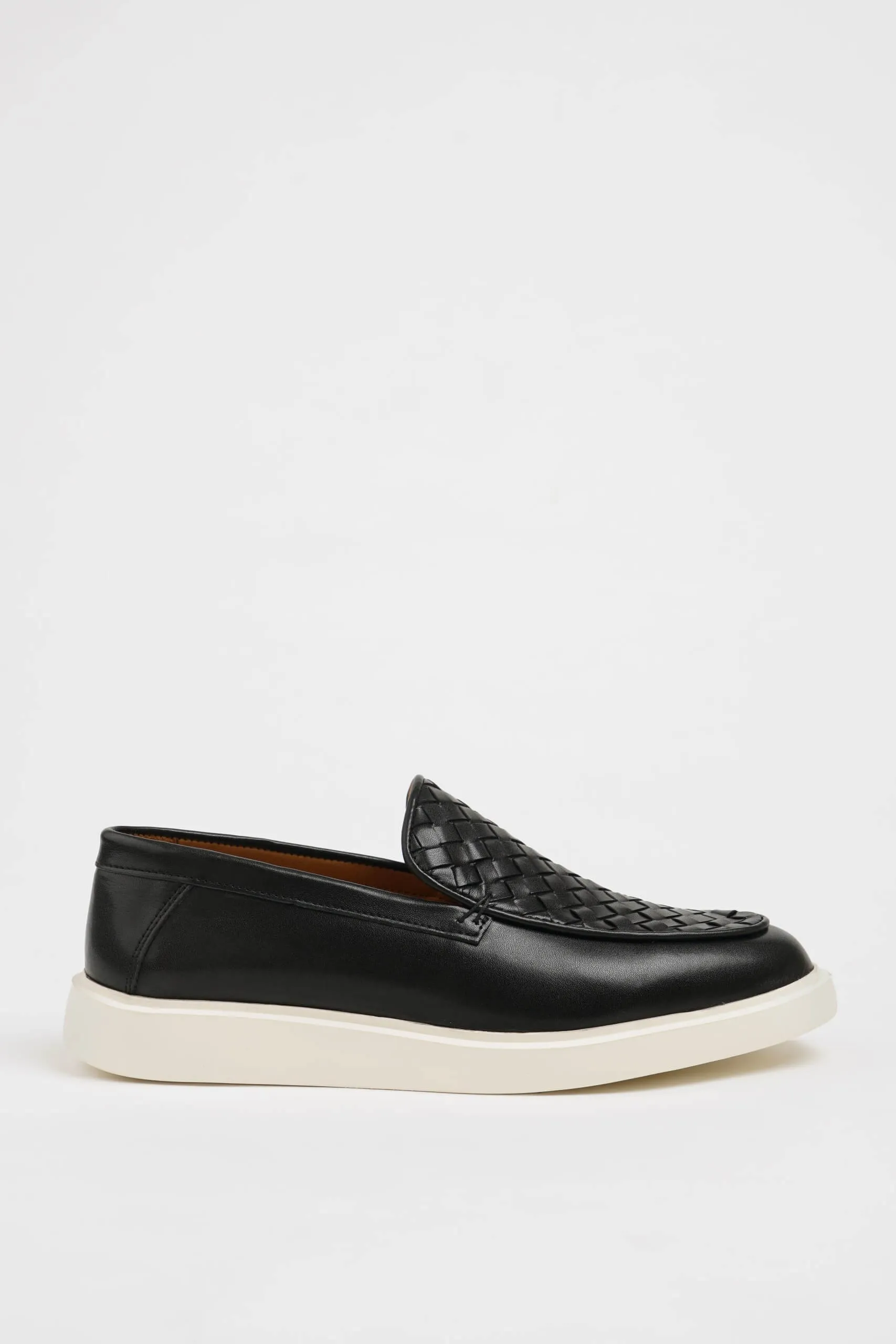 HolloShoe Black Knitted Leather Casual Loafers