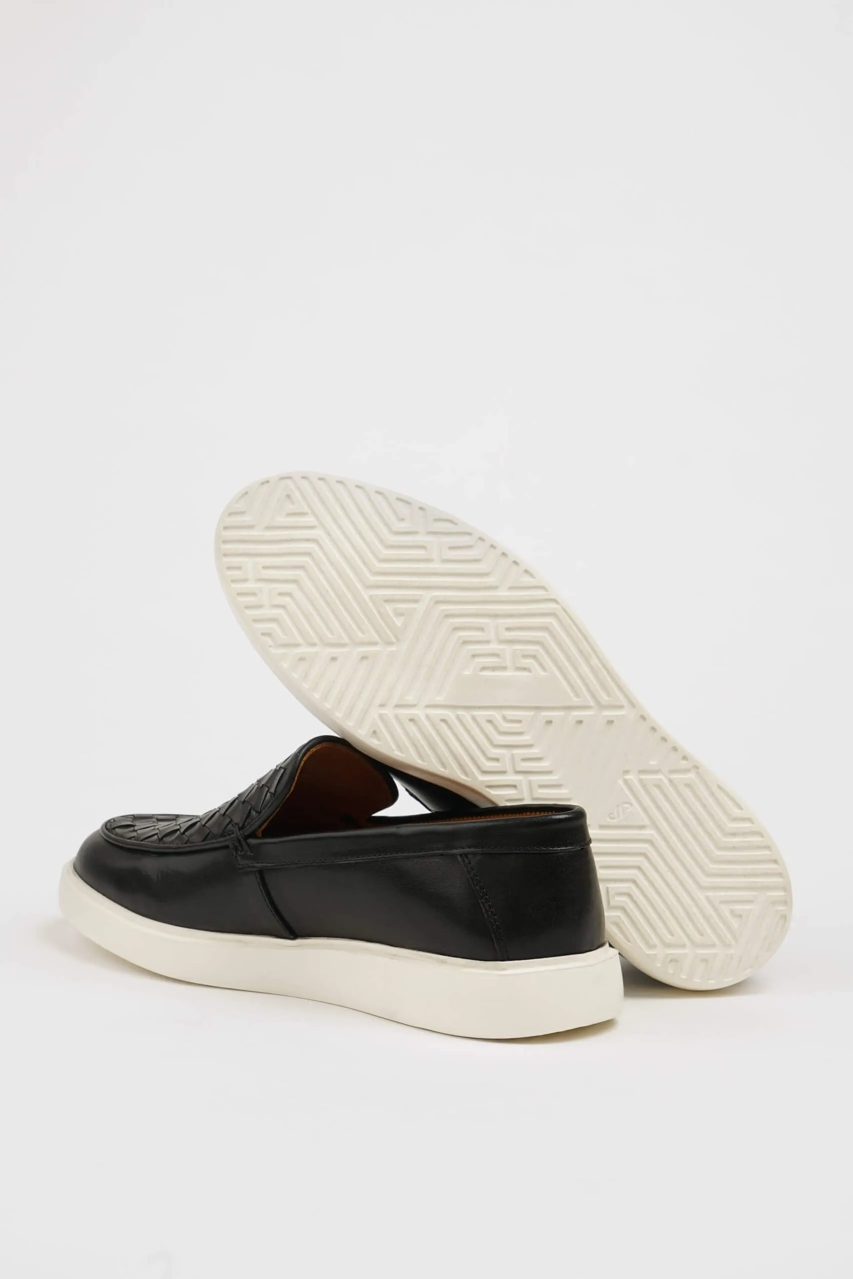 HolloShoe Black Knitted Leather Casual Loafers