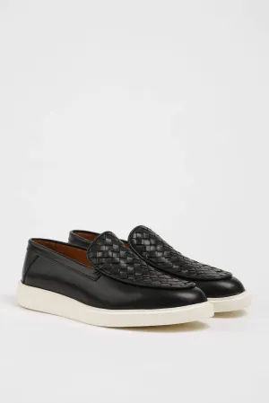 HolloShoe Black Knitted Leather Casual Loafers