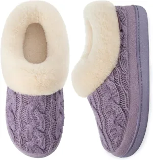 HomeTop Women's Knitted Clog Slippers Comfy Warm Memory Foam Non-slip Indoor House Shoes with Fuzzy Collar