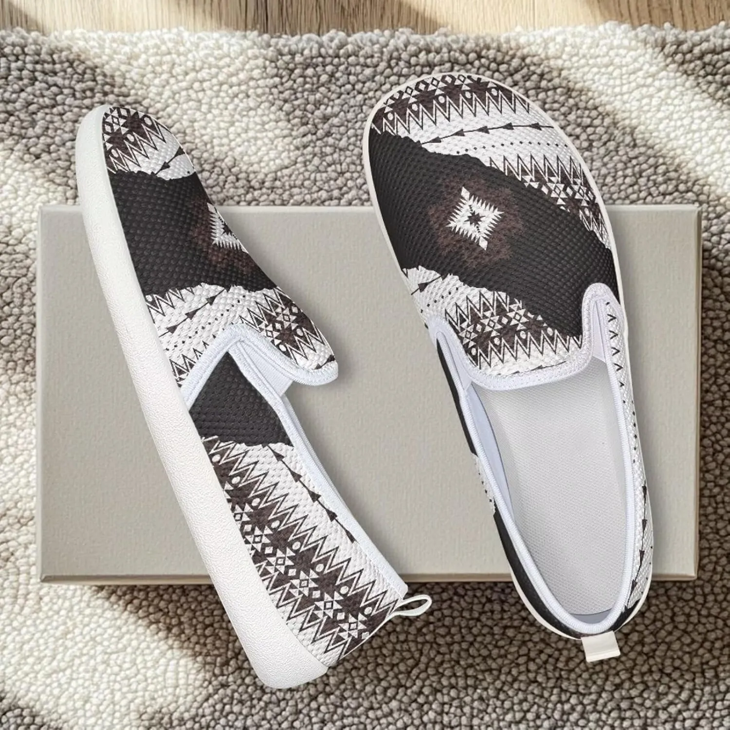 Howilath Western Aztec Print Mesh Sneakers Women Slip on Loafers Casual Breathable Shoes Walking Shoes