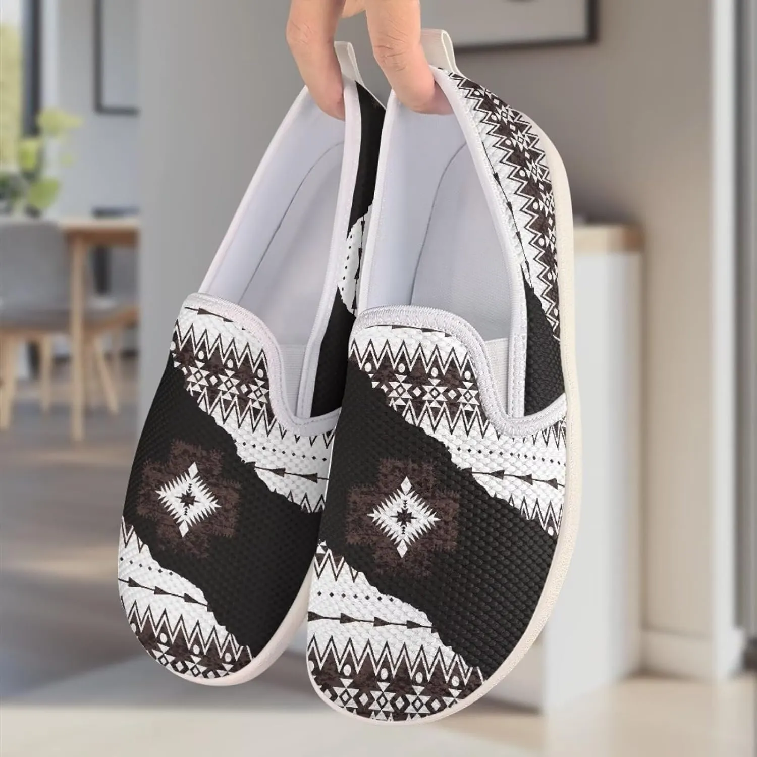 Howilath Western Aztec Print Mesh Sneakers Women Slip on Loafers Casual Breathable Shoes Walking Shoes