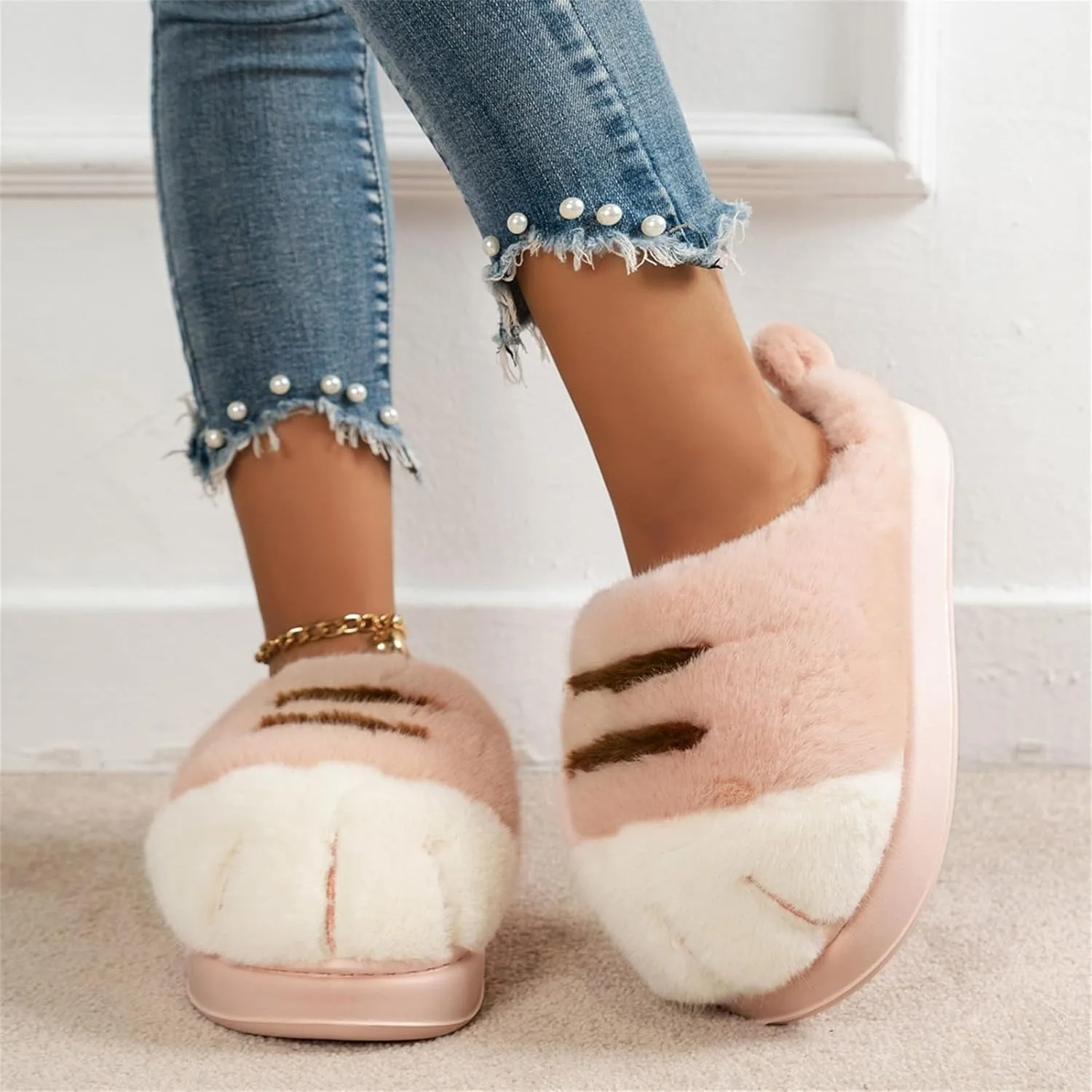 Indoor Outdoor Slippers Women Cute Funny 3D Cat Paw Cartoon Slipper Warm Fluffy Furry Winter Bedroom House Shoes
