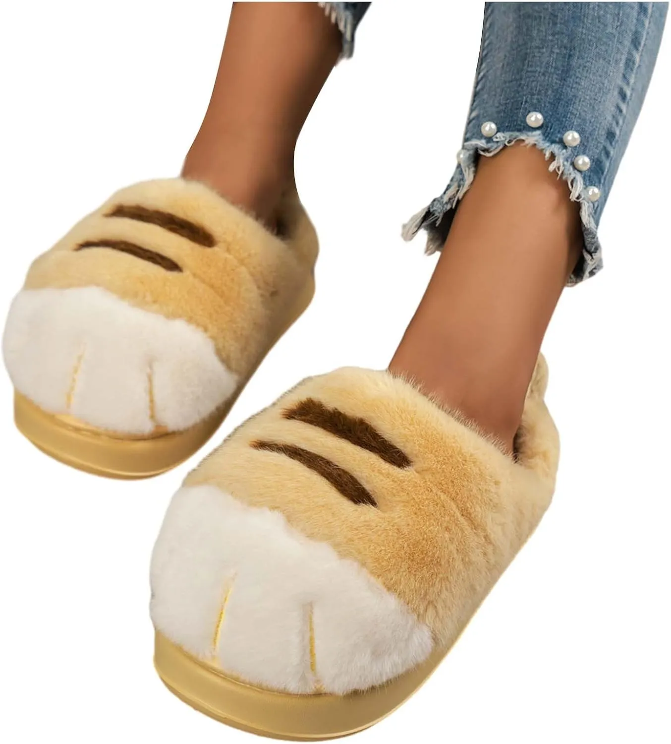 Indoor Outdoor Slippers Women Cute Funny 3D Cat Paw Cartoon Slipper Warm Fluffy Furry Winter Bedroom House Shoes